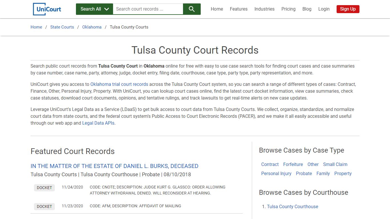 Tulsa County Court Records | Oklahoma | UniCourt